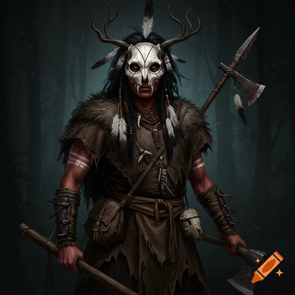A fantasy character wearing a deer skull mask and feathered costume, holding an axe and spear in a dark forest.