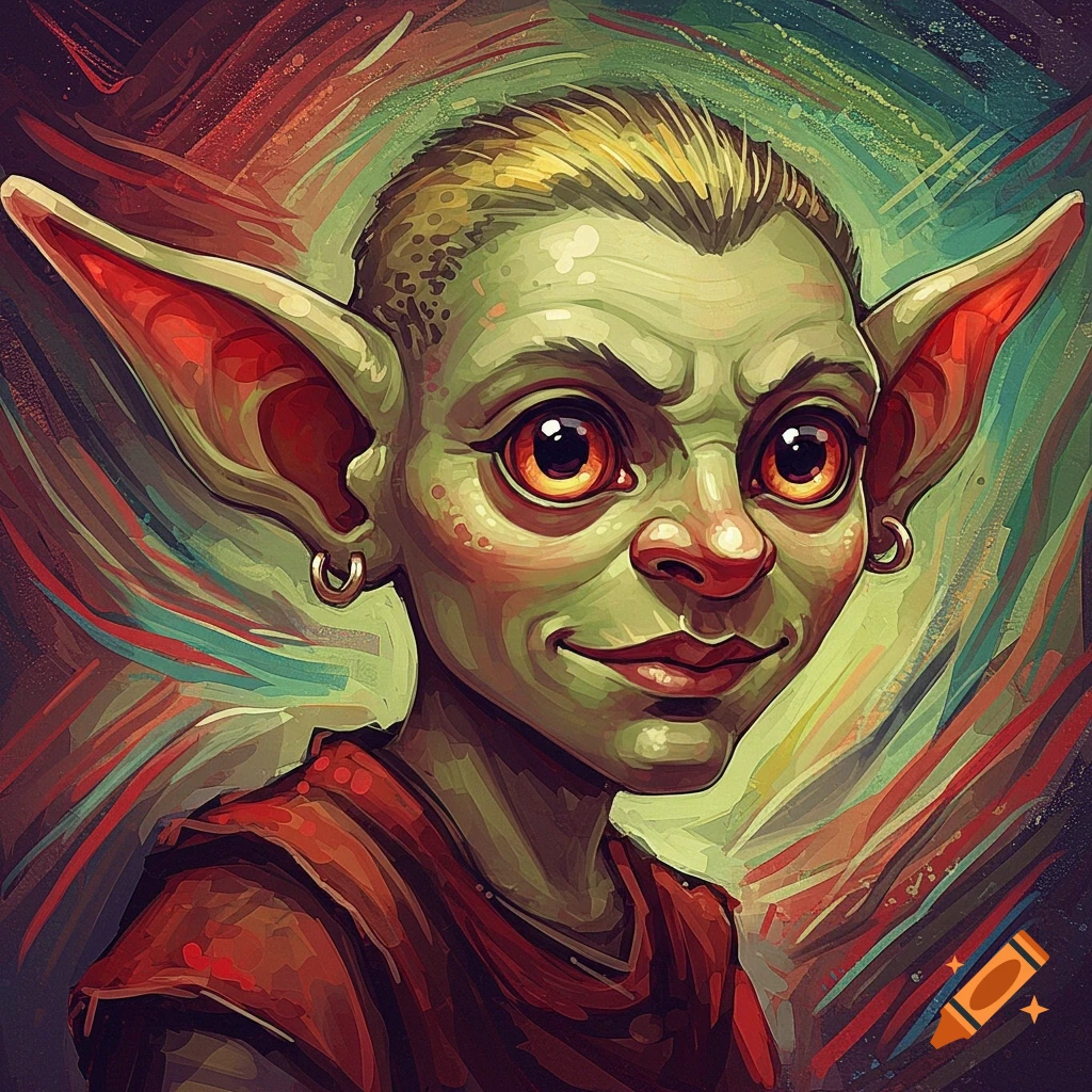 A stylized portrait of a goblin with large ears and orange eyes in an abstract art style.