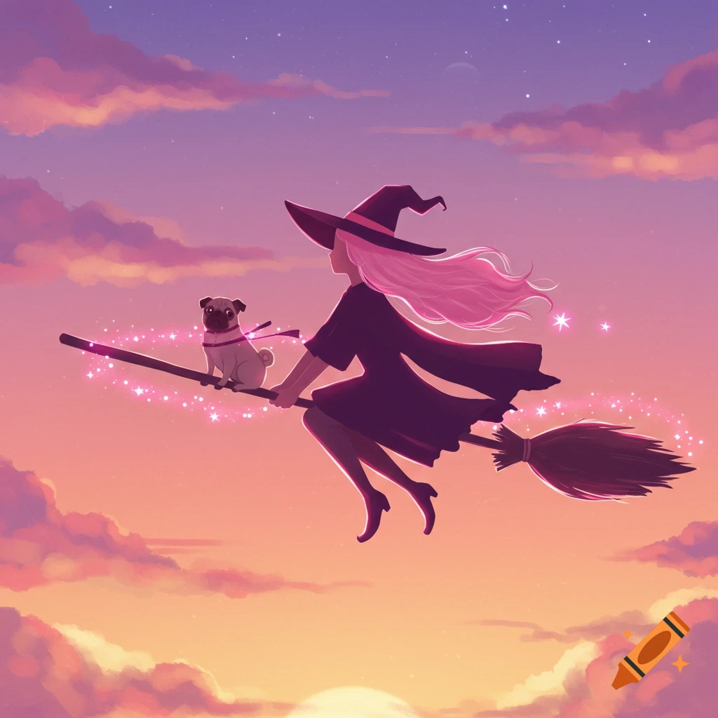 An illustration of a witch with pink hair and a pug flying on a broomstick against a sunset sky.