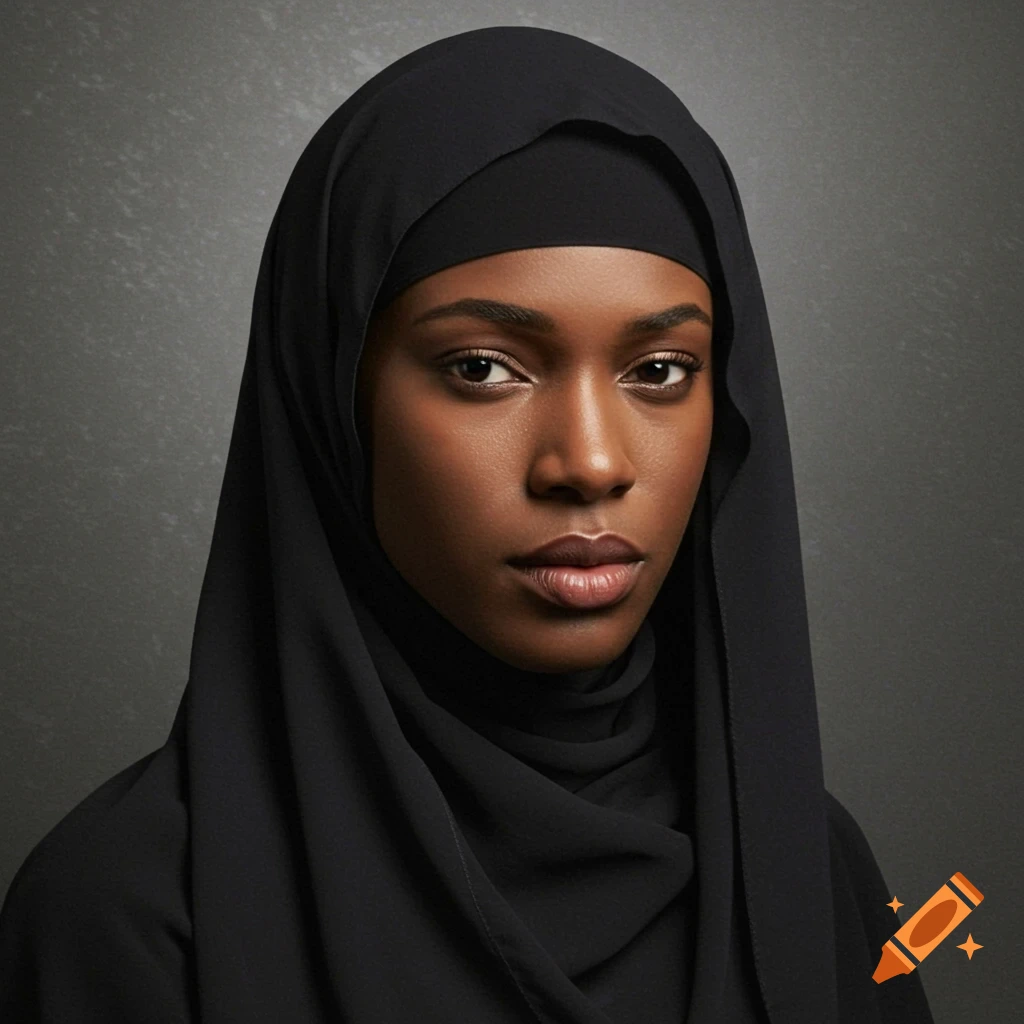 Realistic portrait of a young woman wearing a black hijab.