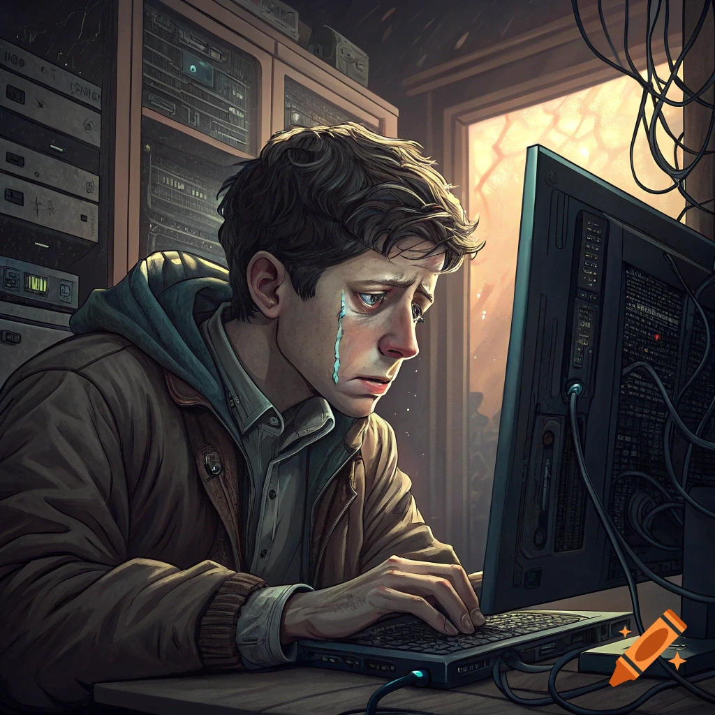 An illustrated man cries while typing on a computer in a room filled with server racks.