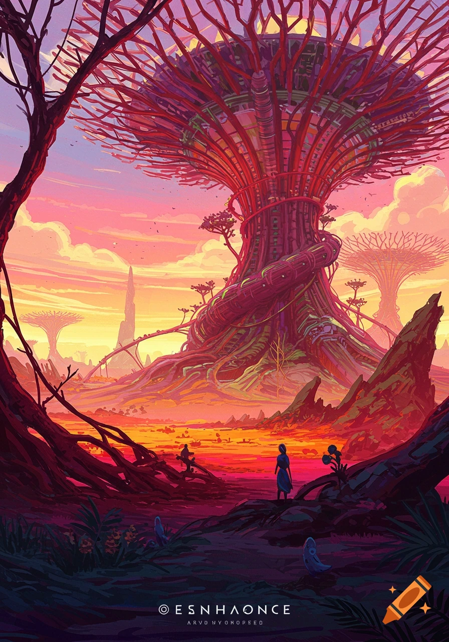 Fantasy landscape with towering red tree-like structures and figures under a sunset sky.
