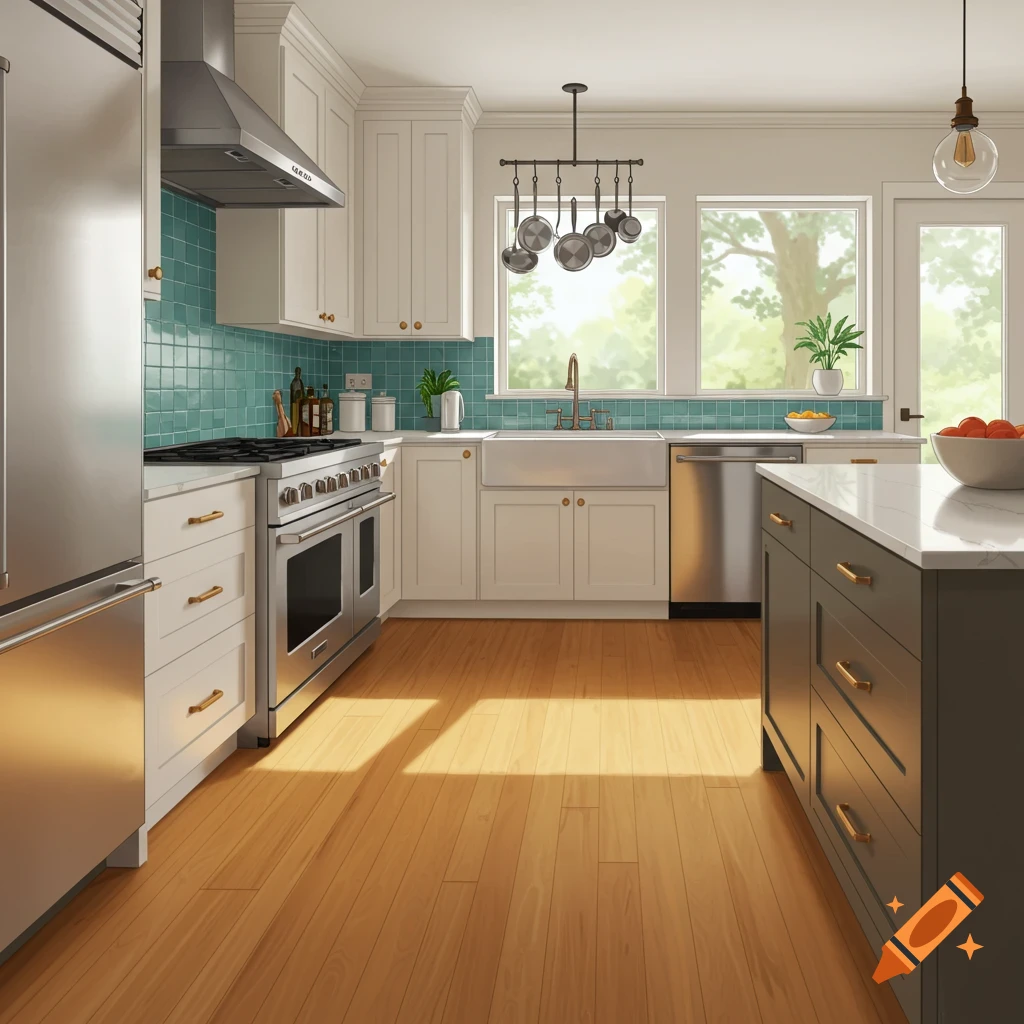 A modern kitchen interior with maple flooring, white cabinets, teal backsplash, and stainless steel appliances.