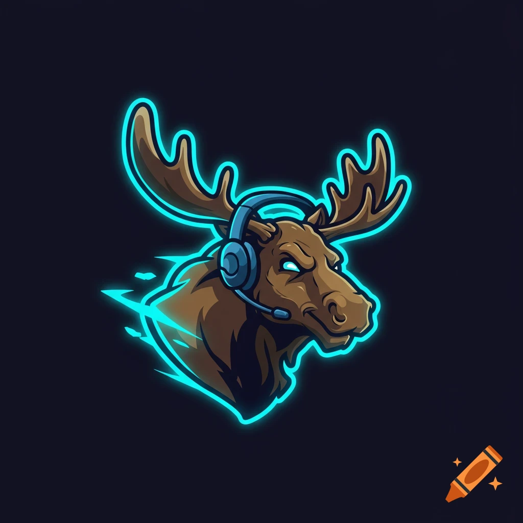Logo of a brown moose wearing gaming headphones with a glowing blue outline and lightning effect on a dark background.