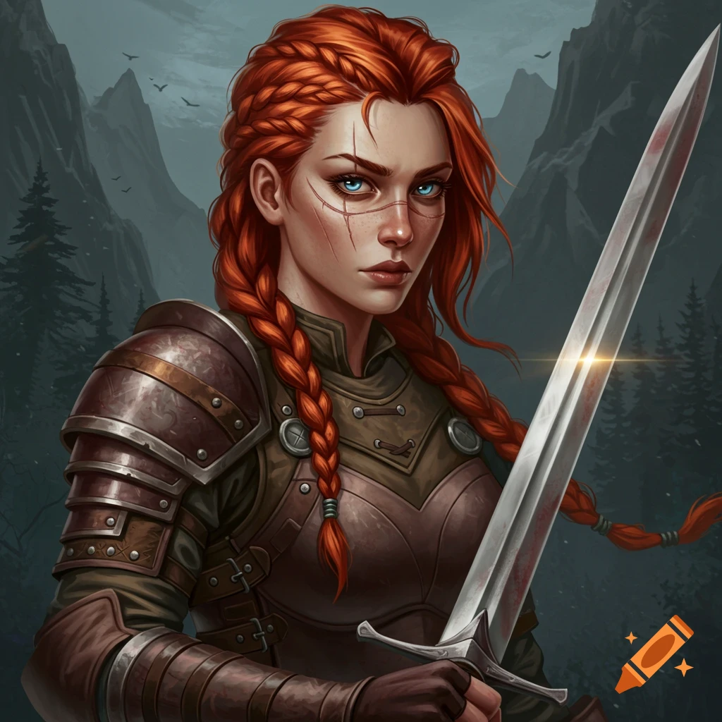 Fantasy warrior woman with red braids and scars holds a bloody sword.