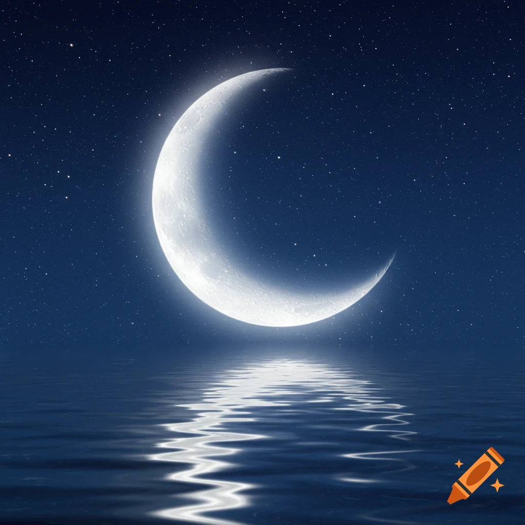 A crescent moon and stars reflected in the water at night.