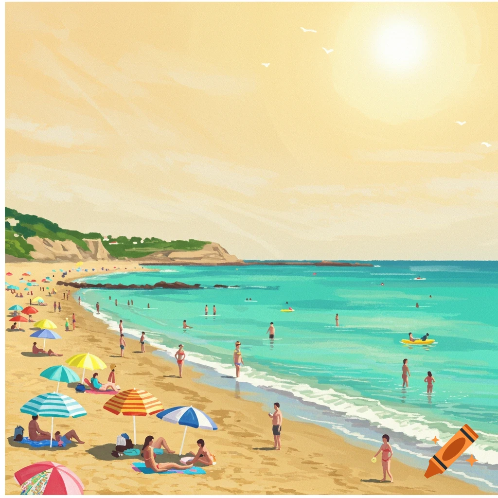 Stylized illustration of a sunny beach scene with many people swimming and relaxing under umbrellas.