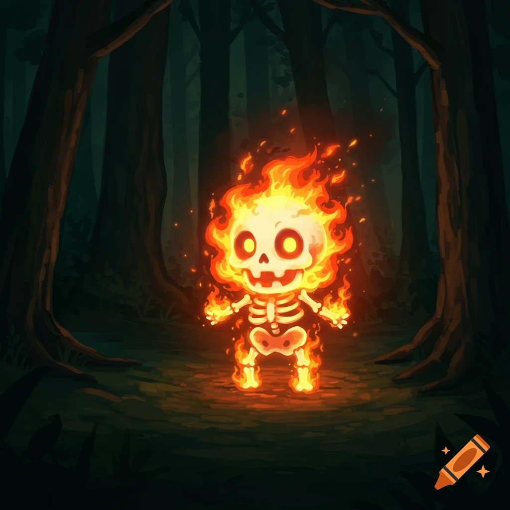 Cartoon burning skeleton in a dark forest.