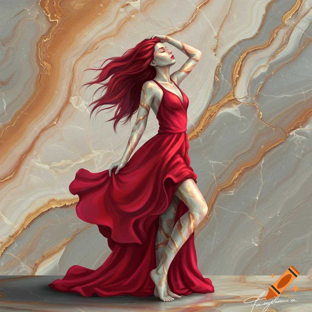 A woman in a red dress with gold patterns on her skin stands against a marble background.