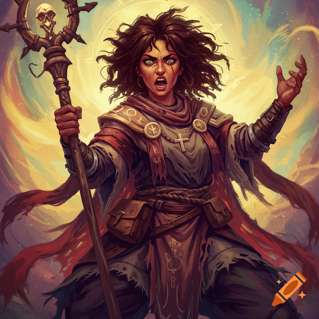 A chaotic female cleric with olive skin and brunette hair, holding a staff, in a dramatic fantasy art style.