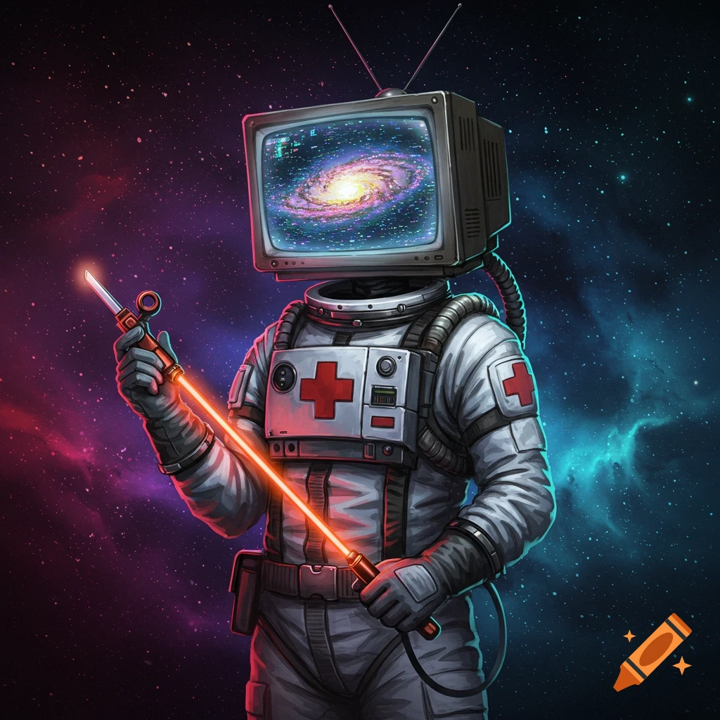 An astronaut with a television for a head stands in space, holding a glowing laser tool. The TV screen displays a galaxy.