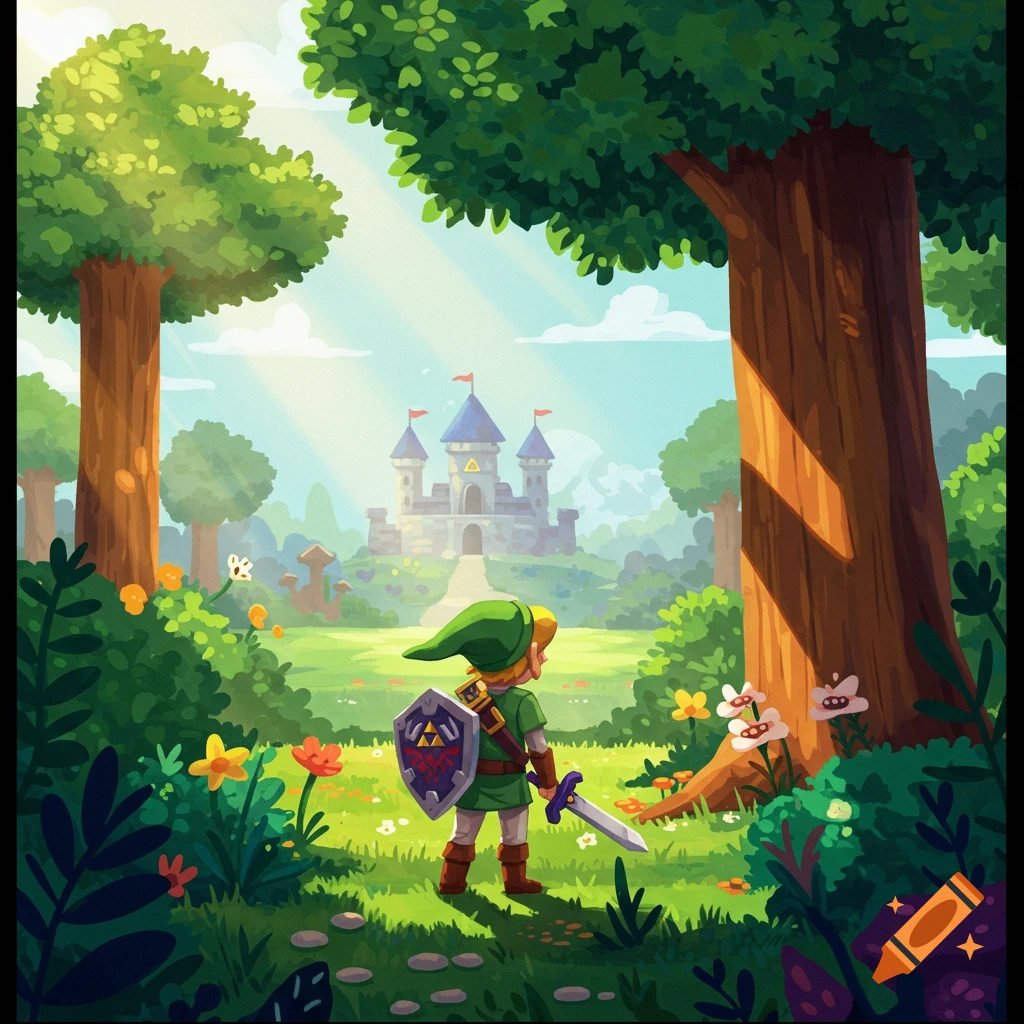 Link looks towards a castle in a forest clearing in a stylized illustration.