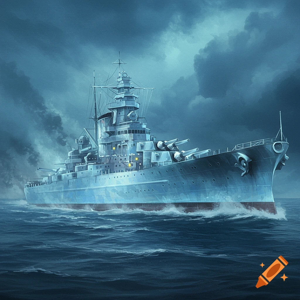 Illustration of a battleship sailing through stormy seas