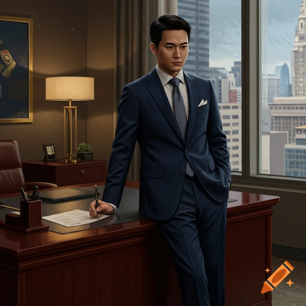 Man in a suit leaning on a desk in an office, holding a pen over a document.
