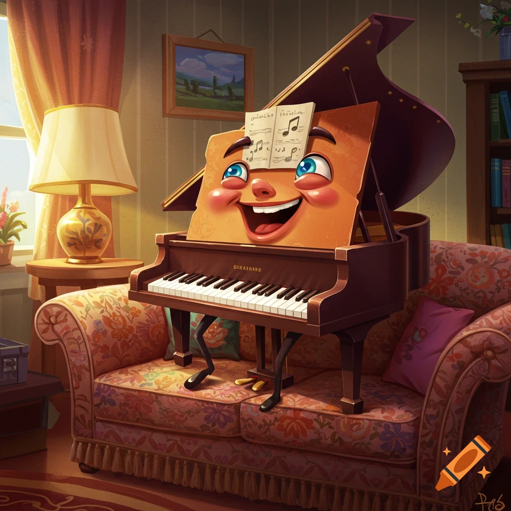 A cheerful cartoon piano with a face and legs sits on a couch in a living room.