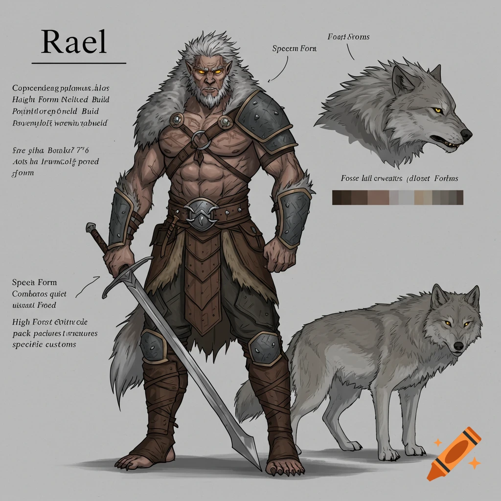 Illustration of a muscular fantasy character with silver hair and golden eyes, wearing fur and armor, standing next to a gray wolf.