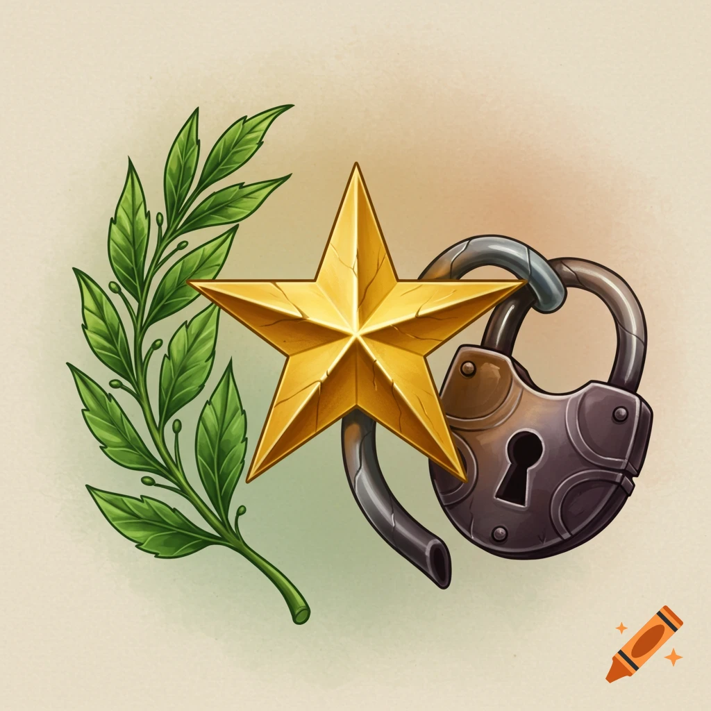 An illustration of a gold star, a green leafy branch, and an antique lock.