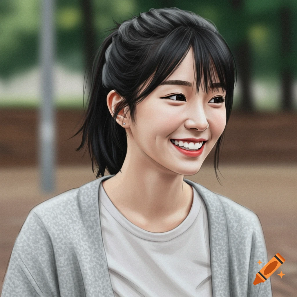Close-up of a young woman smiling with a ponytail.