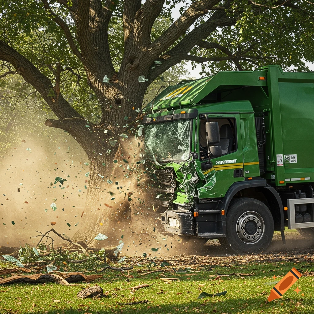A green garbage truck crashes into a large tree in a park, sending debris flying. Photorealistic style.