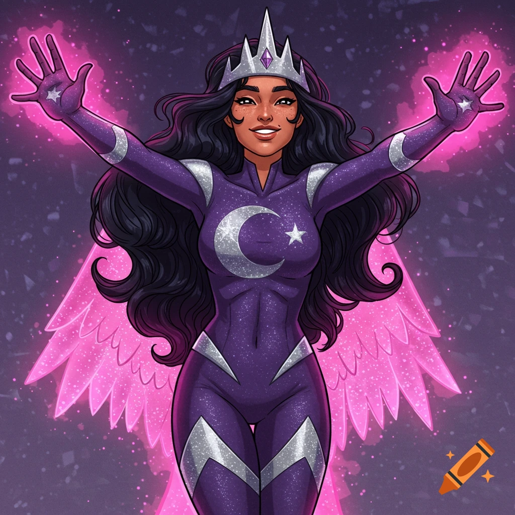 Comic art of a superhero woman in a purple suit with a moon and star ...