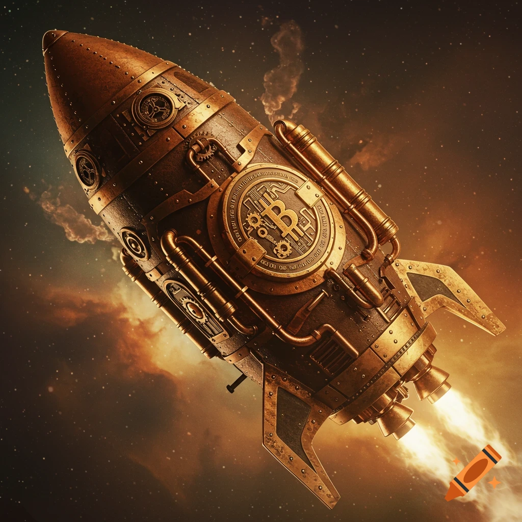 A detailed steampunk-style rocket ship with gears and pipes flies through space, featuring a large Bitcoin symbol on its side.