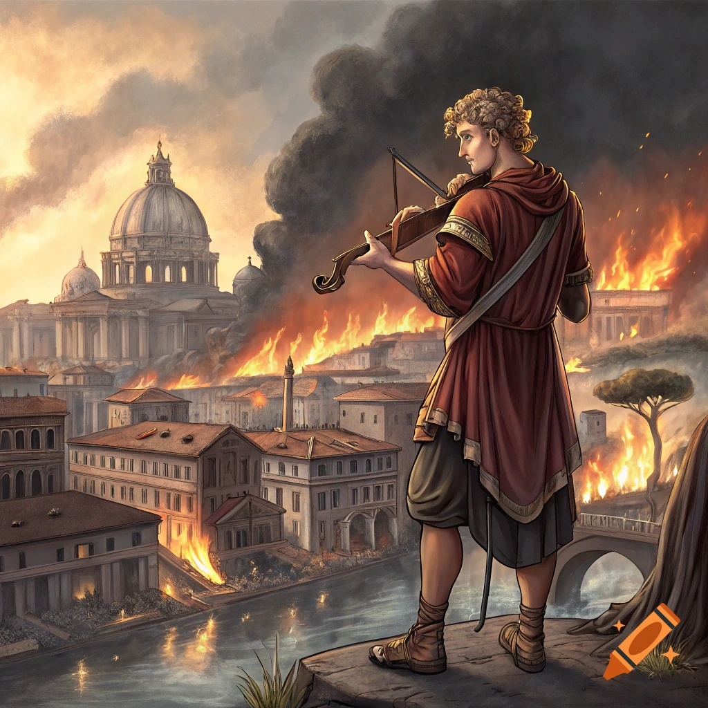 Illustration of a man playing a violin while a city burns in the background.