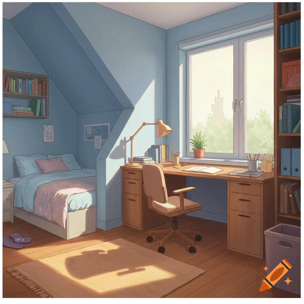 Anime-style illustration of a cozy room with a bed under a sloped ceiling, a desk by a bright window, and bookshelves.