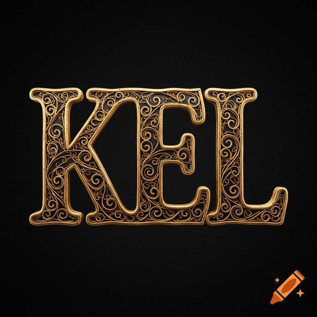 Gold filigree text spelling KEL on a black background.