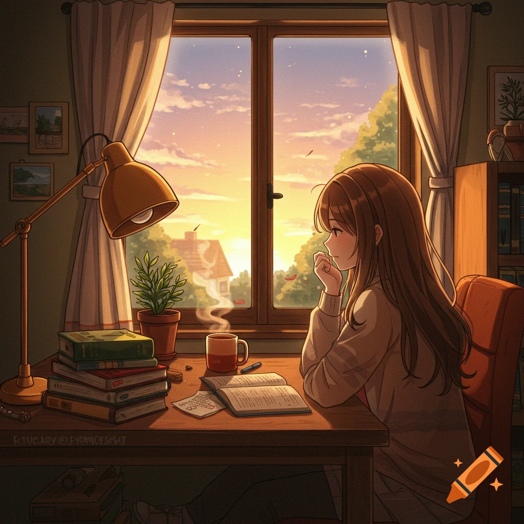 Anime girl studying at desk by window with books and tea during sunset.