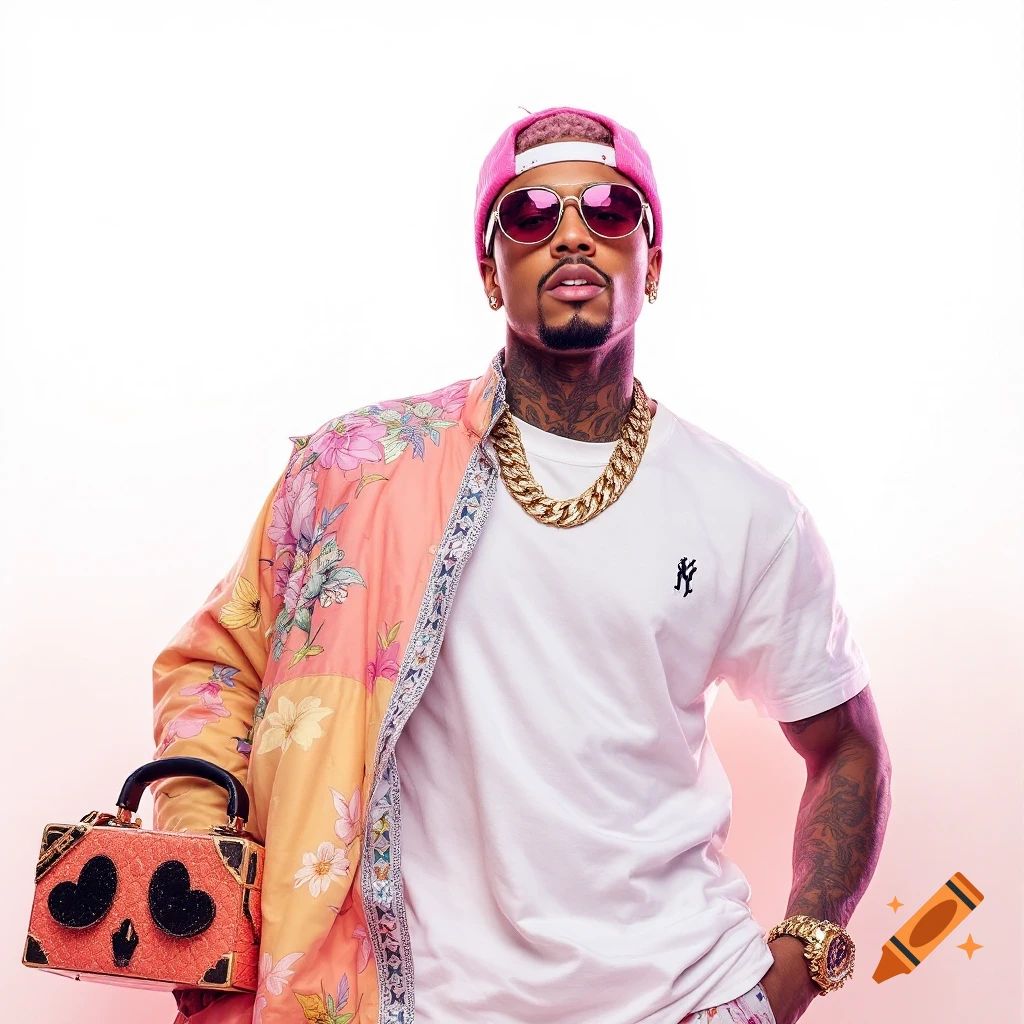 A man with tattoos, wearing a pink beanie, sunglasses, a floral jacket, and gold chains, holding a small handbag.