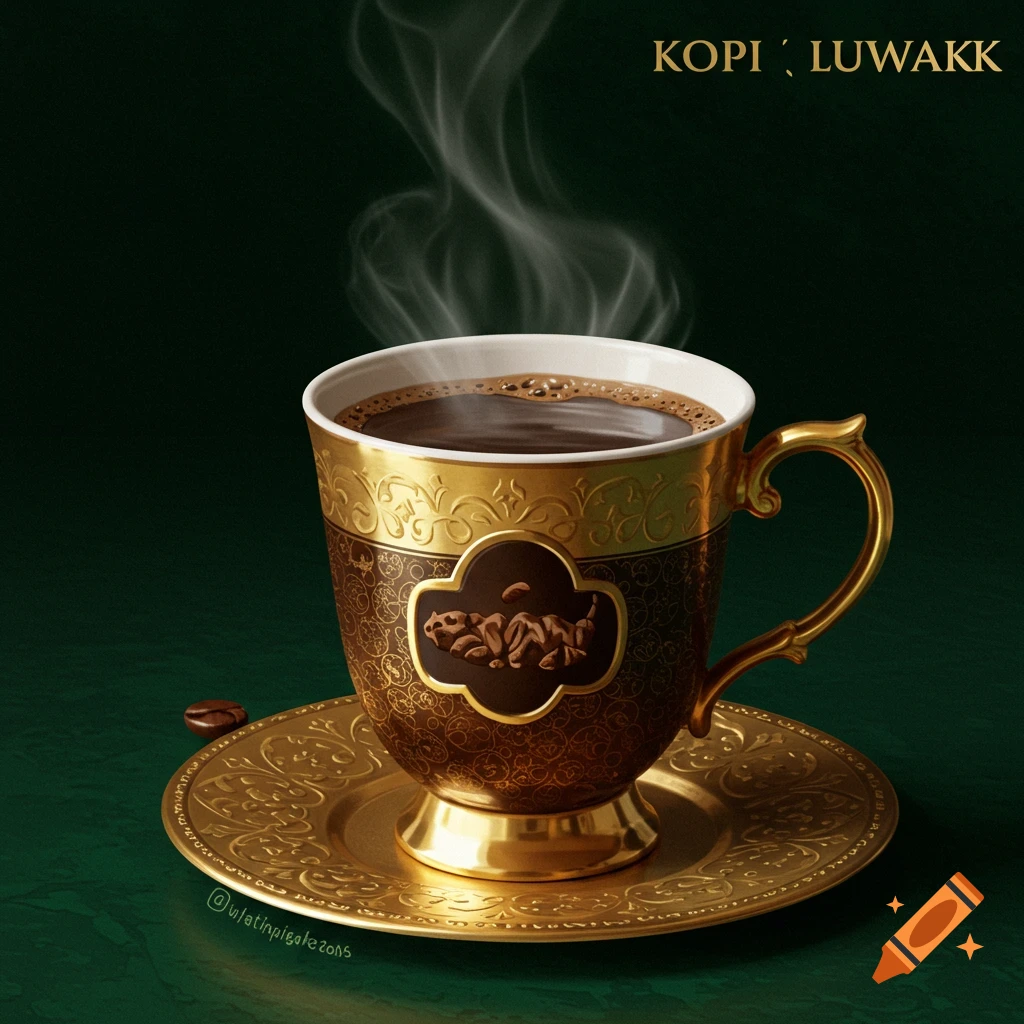 Steaming coffee in an ornate gold cup and saucer.