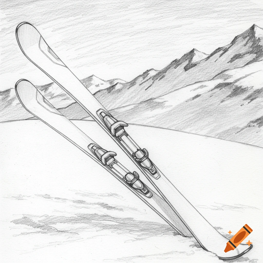 A pencil sketch of skis leaning in the snow with mountains in the background.