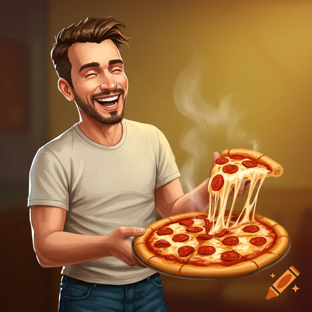 Smiling illustrated man holding a slice of hot, cheesy pizza over a whole pizza.