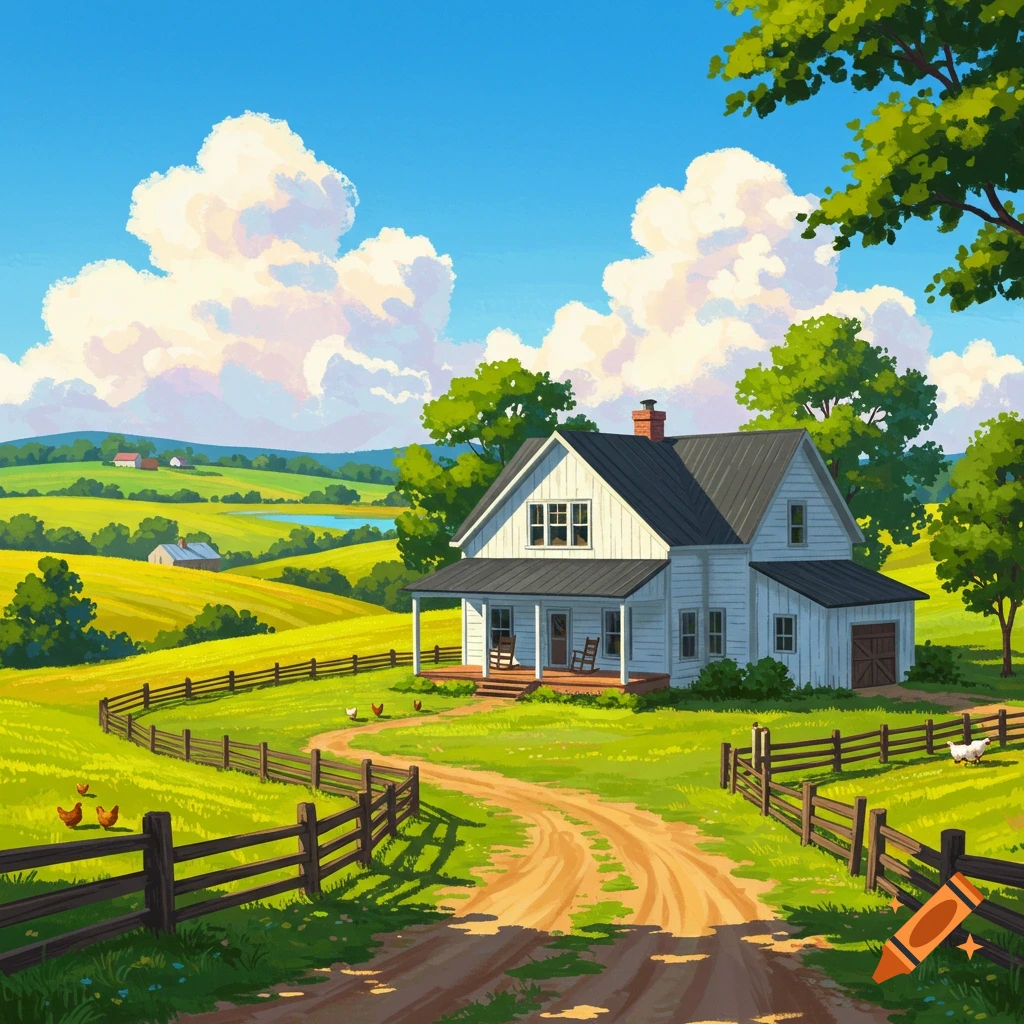 Illustrative scene of a white farmhouse on a dirt road in a sunny, rolling green and yellow landscape with chickens and a pond.