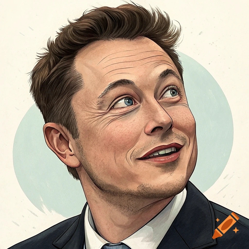 Cartoon portrait of Elon Musk looking up and smiling.