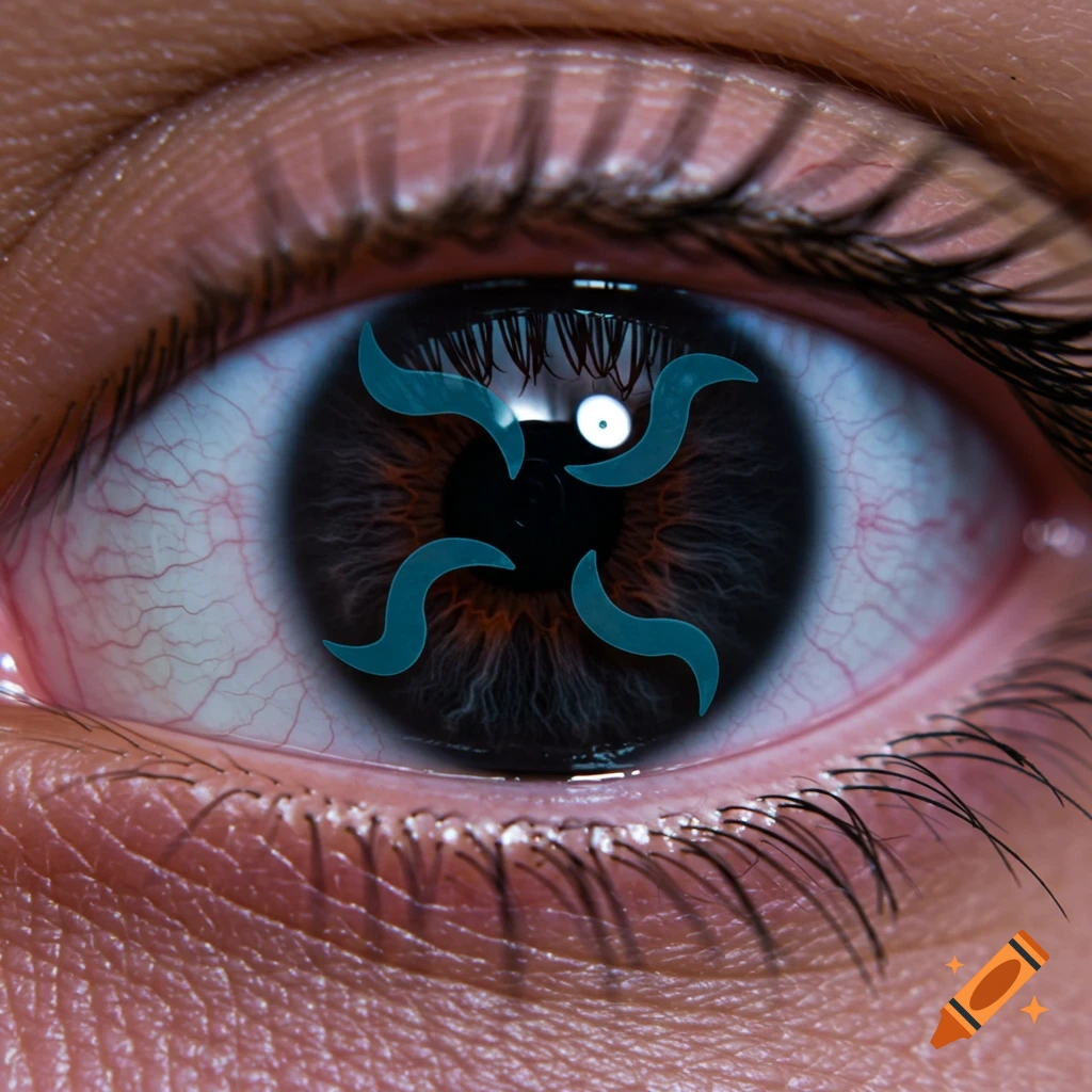 Close-up photo of an eye with a blue stylized symbol in the iris