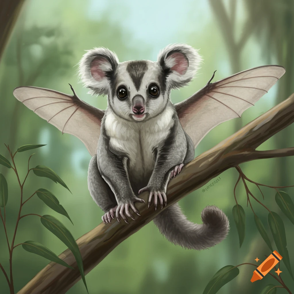 Illustration of a cute koala-sugar glider hybrid creature with wings sitting on a tree branch.