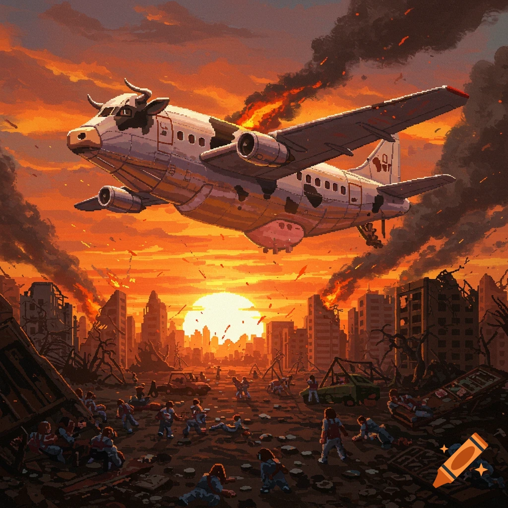 Pixel art of a cow-faced airplane flying over a destroyed city during sunset
