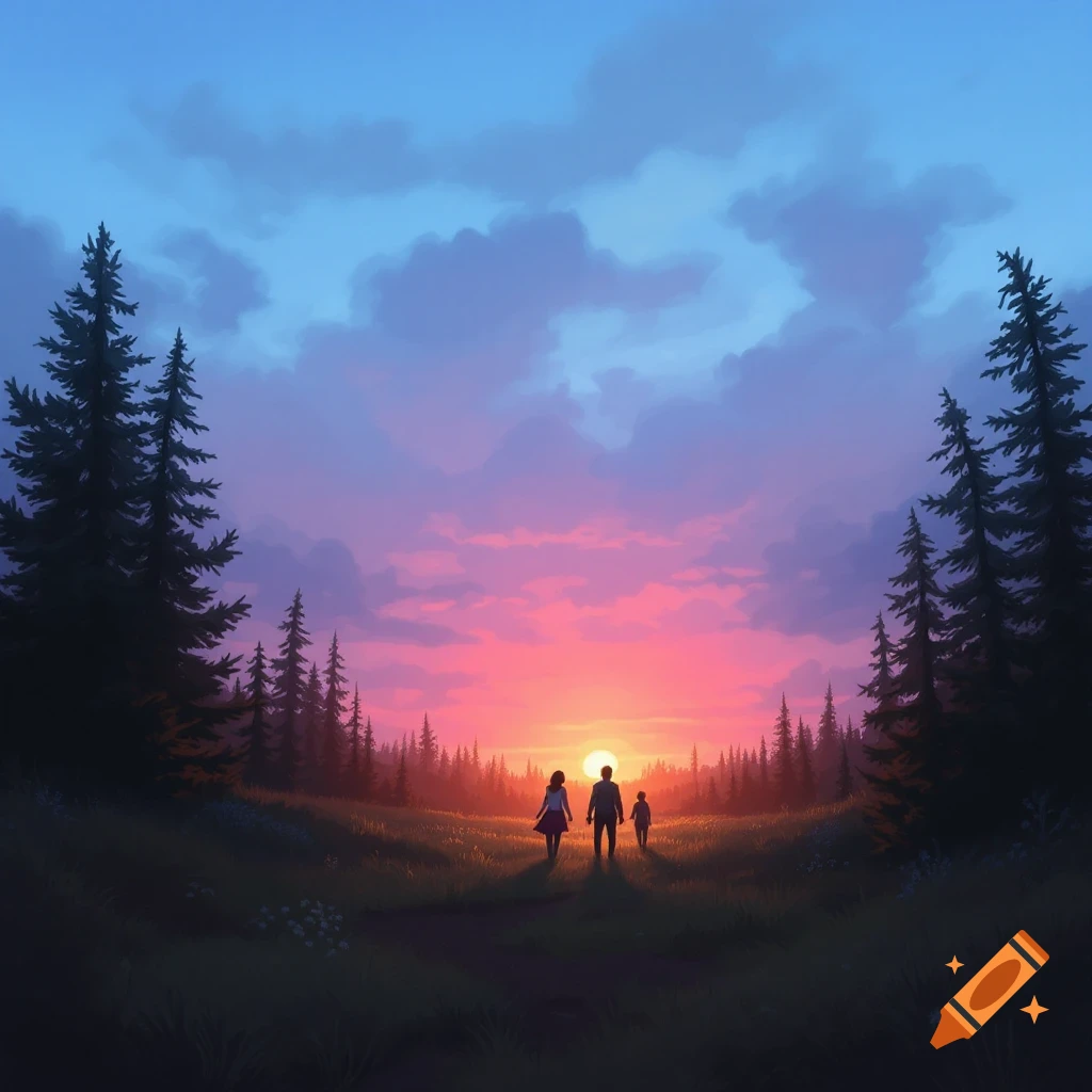 A family walks through a grassy field towards a vibrant sunset over a forest, illustrated.
