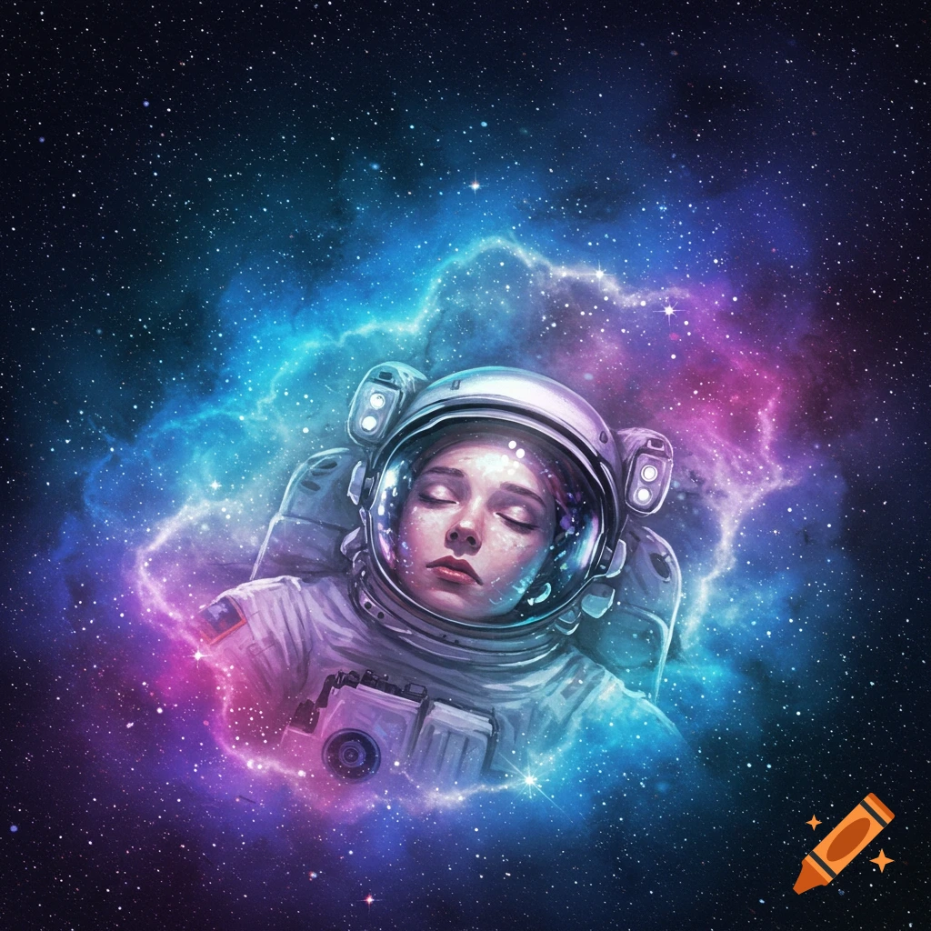 An astronaut floats sleeping in space surrounded by a colorful nebula and stars.