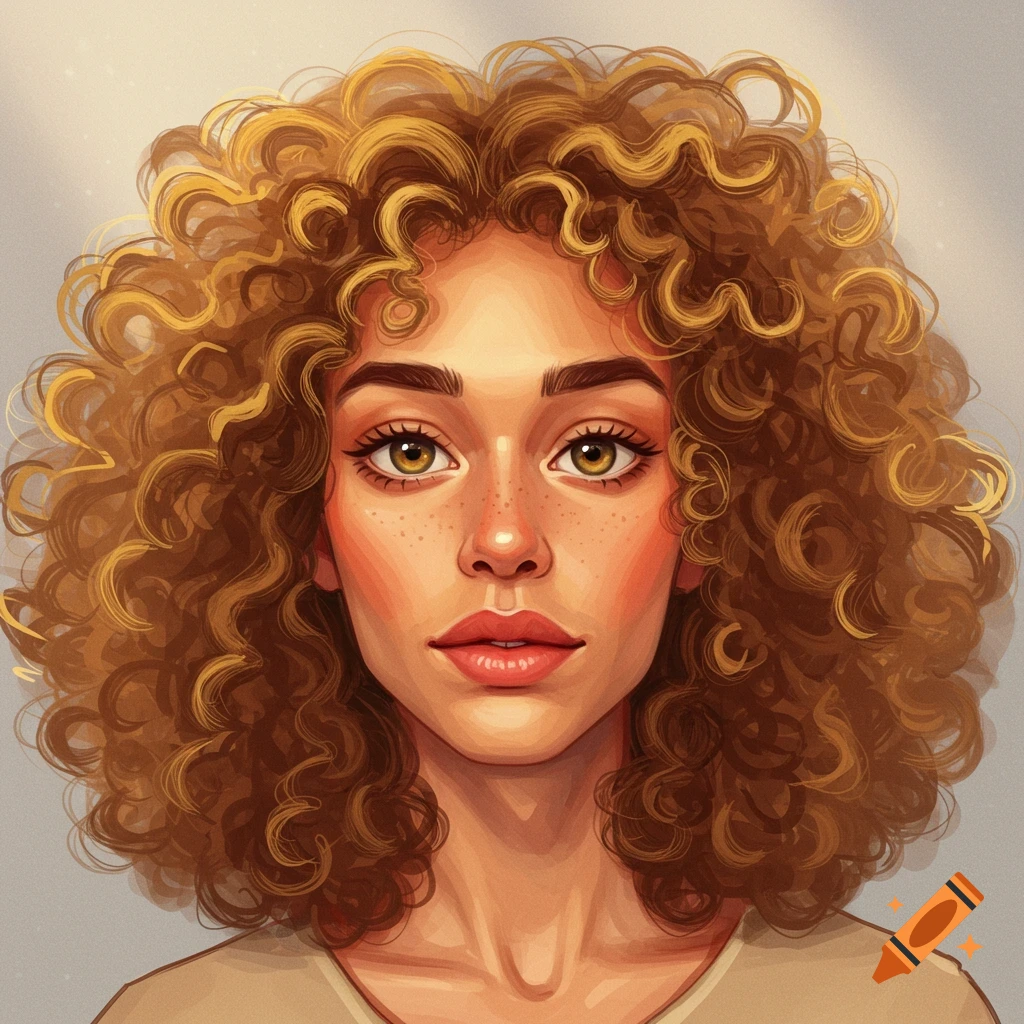 Digital illustration portrait of a woman with curly brown hair and freckles