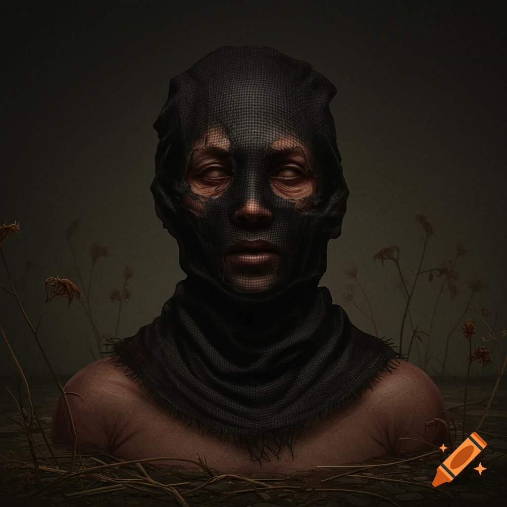 A realistic portrait of a person wearing a black mesh mask over their face, with exposed shoulders, in a dark, murky setting with dead plants.