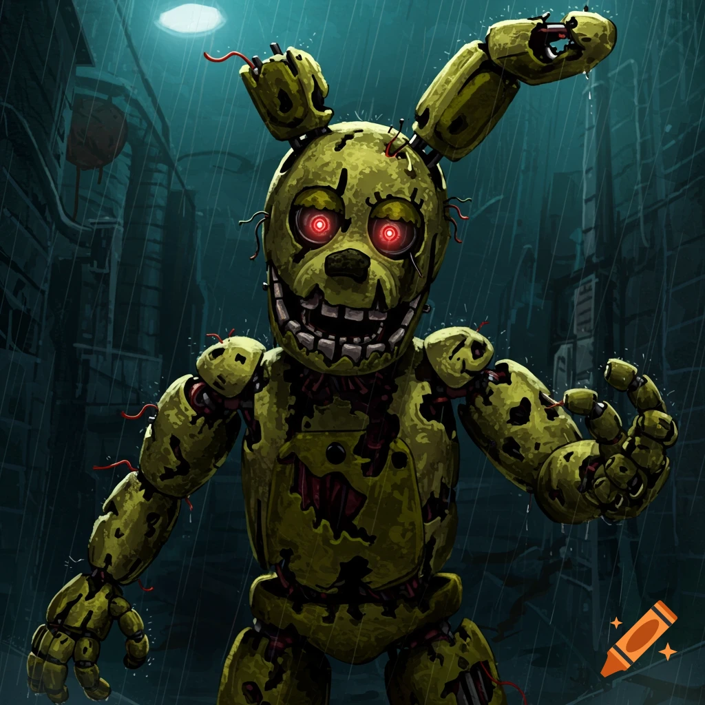 A comic book style illustration of Springtrap from Five Nights at Freddy's in a dark, rainy alley.