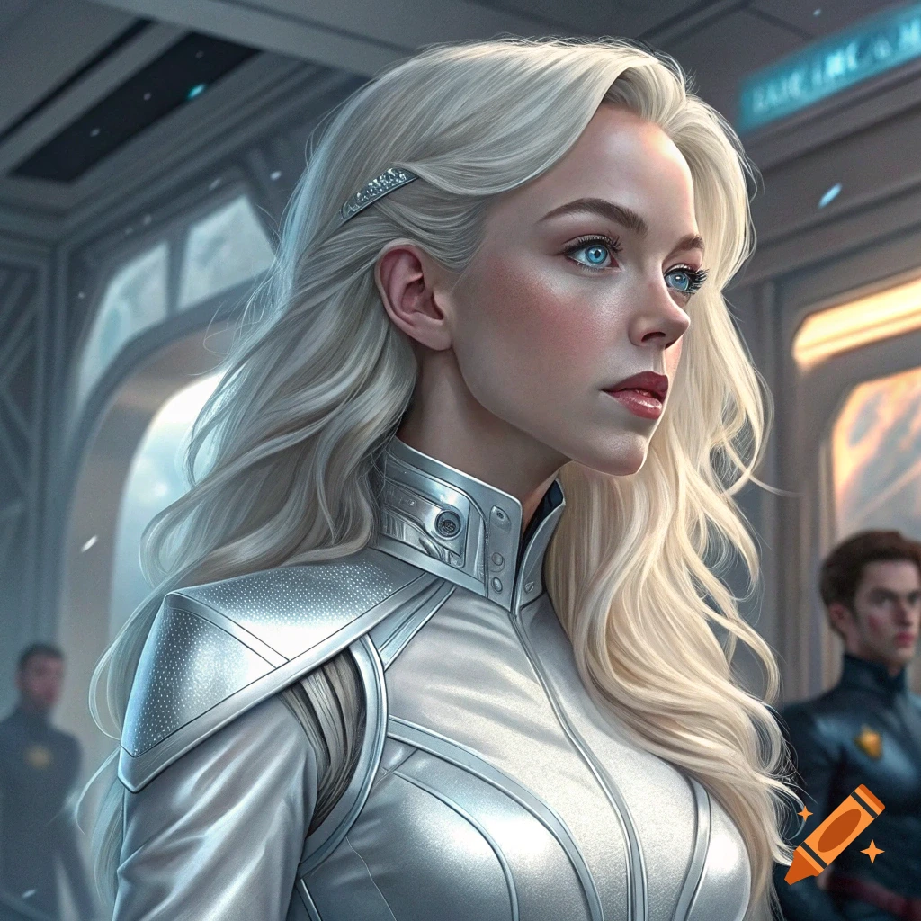 Portrait of a woman with long blonde hair and blue eyes in a silver futuristic suit standing in a futuristic corridor.