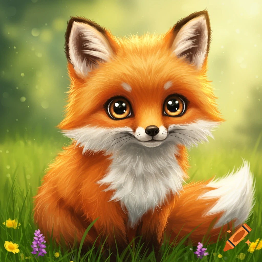Cute cartoon fox sitting in grass with flowers
