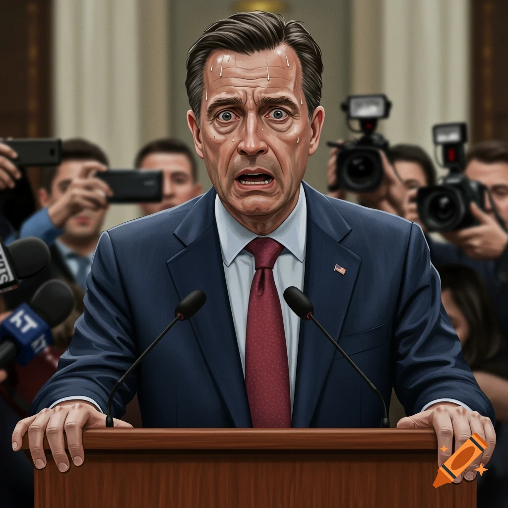 Illustration of a nervous politician speaking at a podium surrounded by cameras.