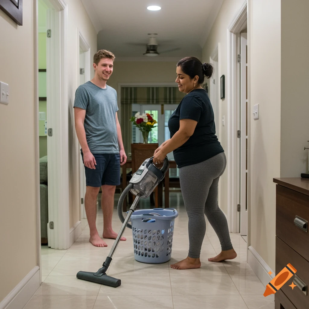 A woman vacuums a tiled hallway as a man stands nearby watching.