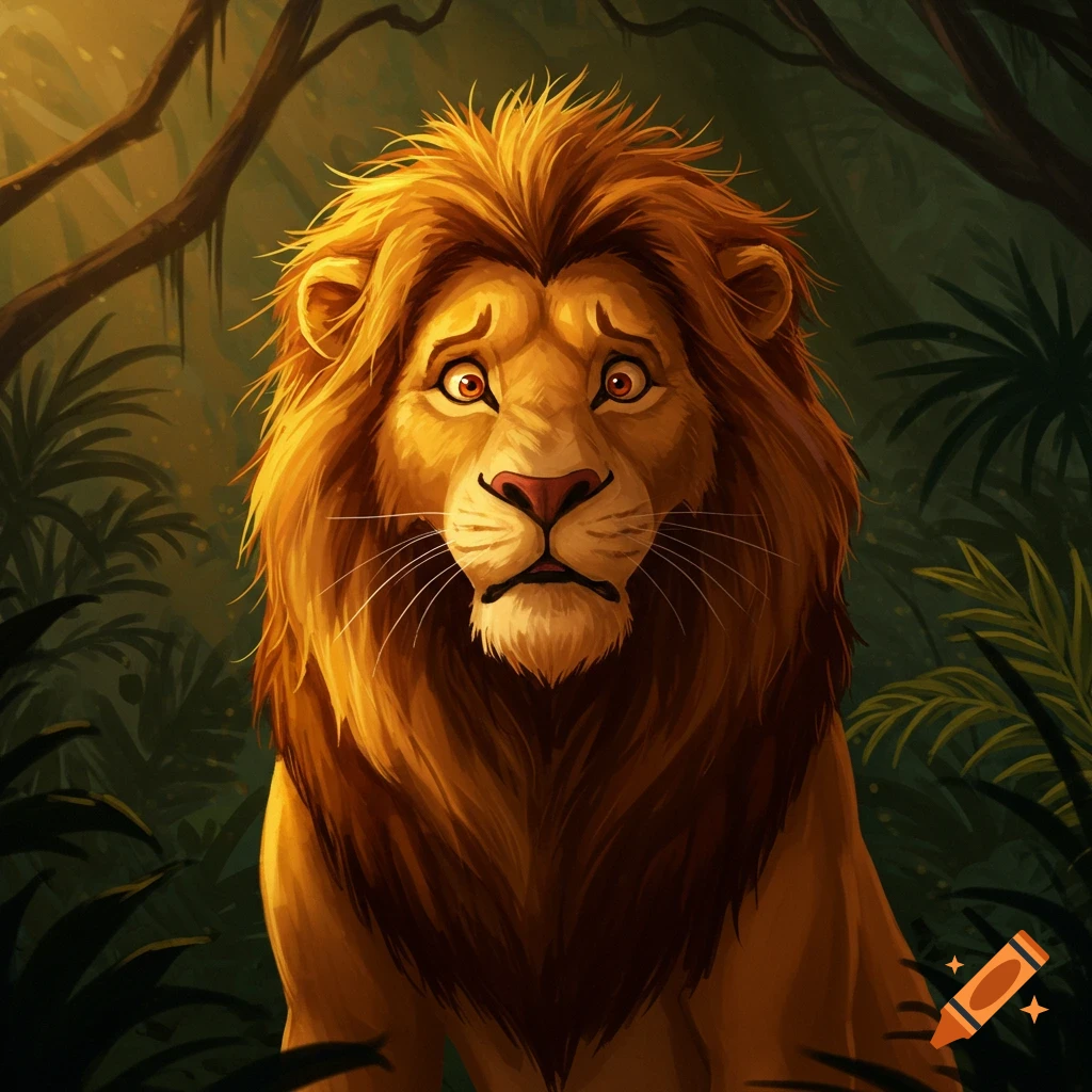 A cartoon-style lion with a worried expression sits in a jungle.
