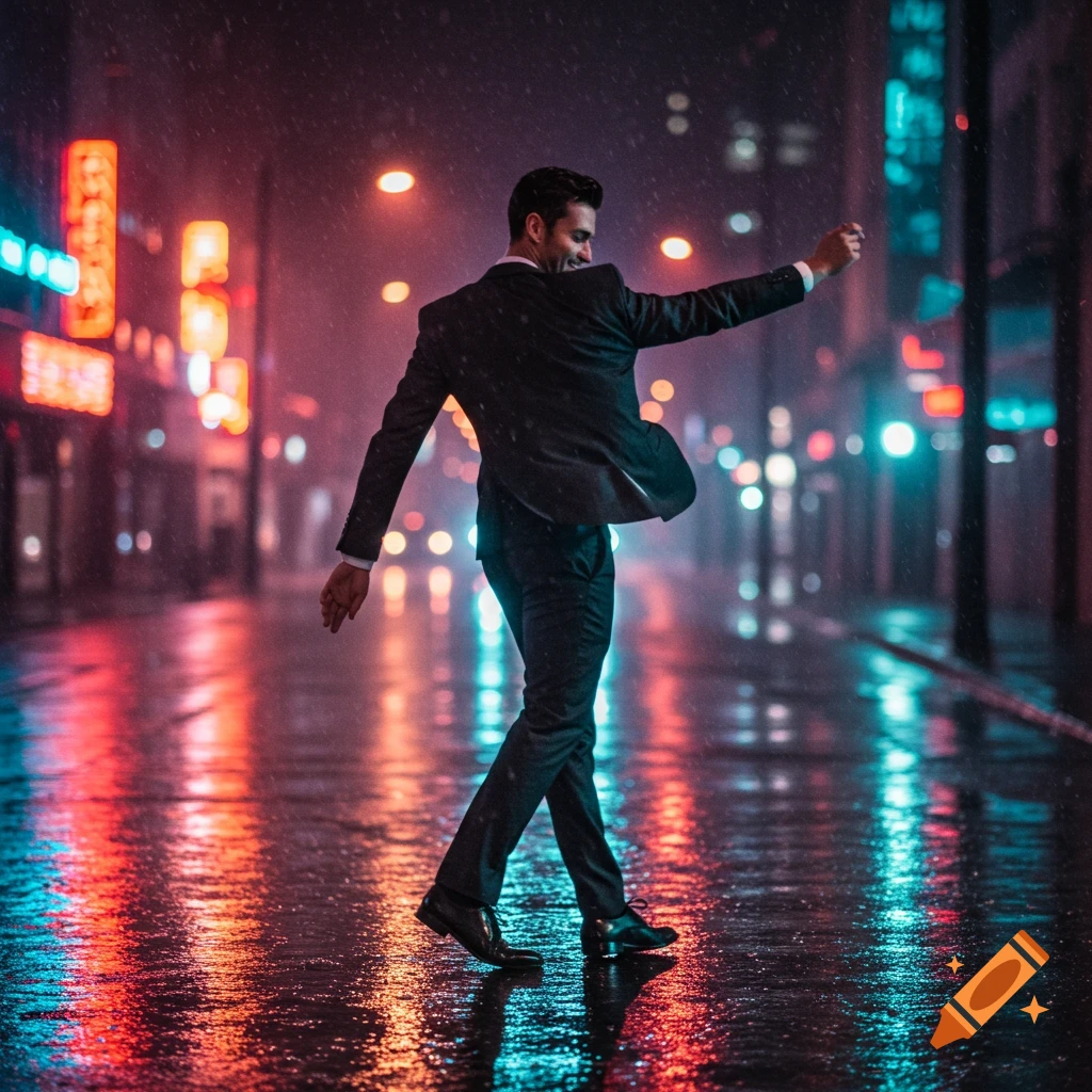 A man in a suit dances on a wet city street at night under colorful neon lights reflecting in puddles.