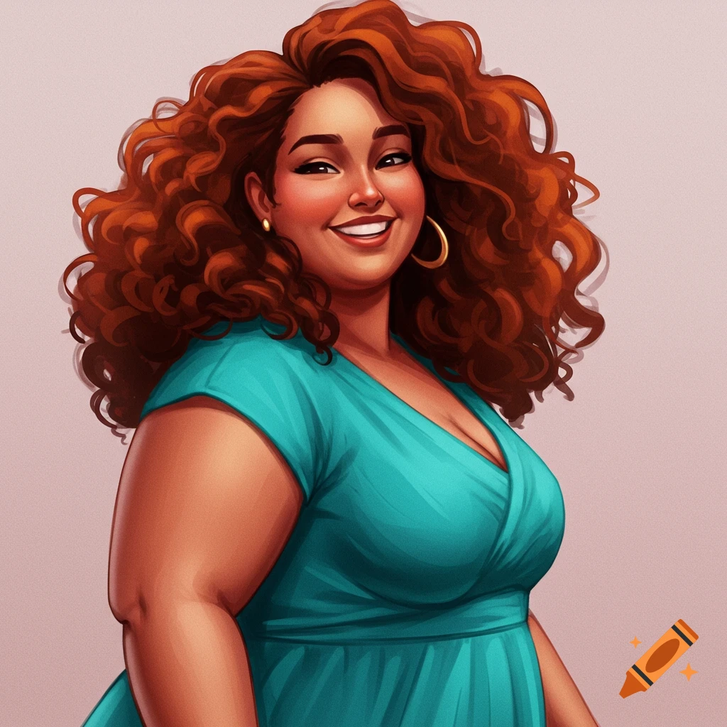 Illustration of a smiling woman with curly red hair wearing a turquoise dress